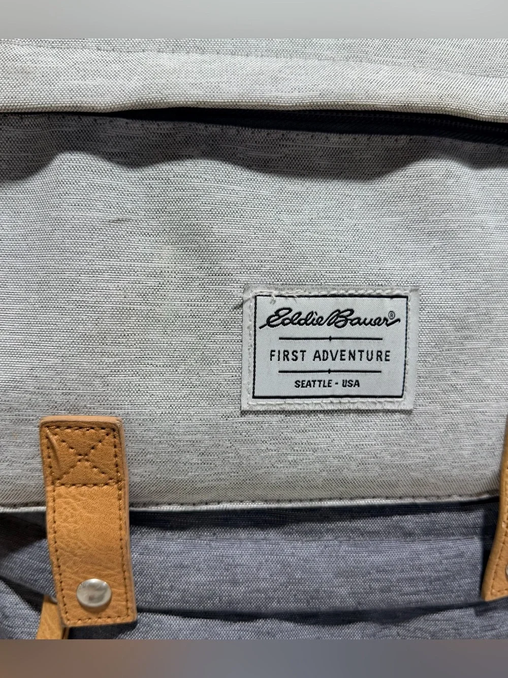 Eddie Bauer First Adventure Two-Tone Gray Diaper Backpack with Tan Accents
